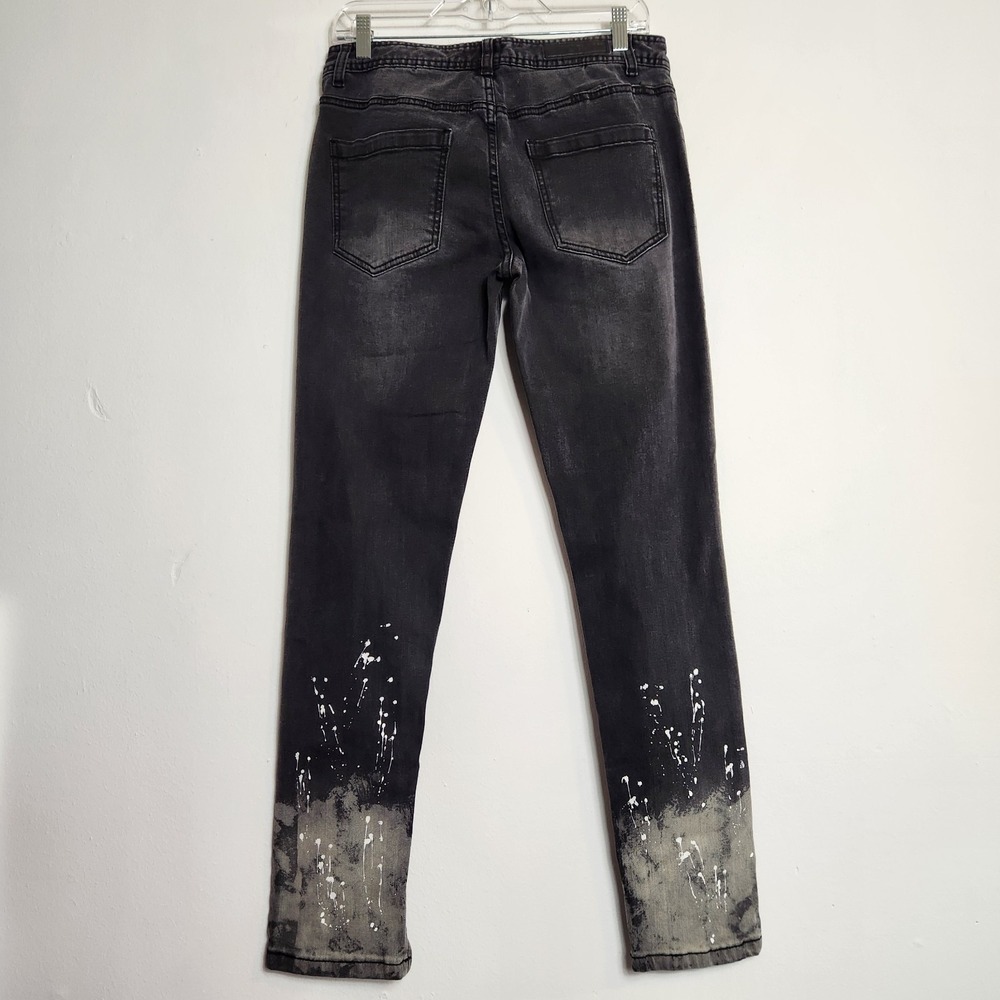 Black Skinny Flex Mens Jeans Sz 30x32 Distressed Paint Splatter Grunge Y2K Punk - Picture 2 of 12